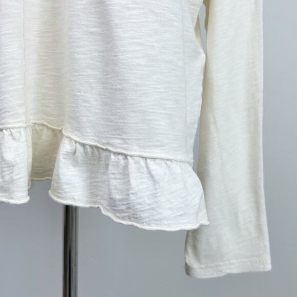 Anthropologie Pilcro Cream Slub Knit Cotton V-Neck Ruffle Top - Picture 2 of 8